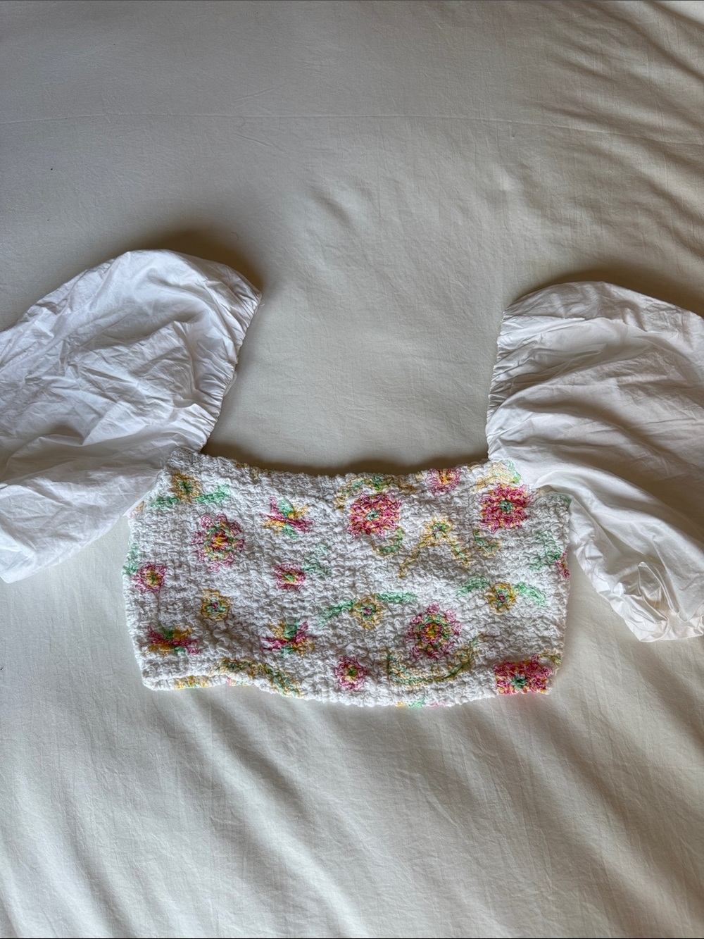 Zara Floral Smocked Crop Top with Puff Sleeves